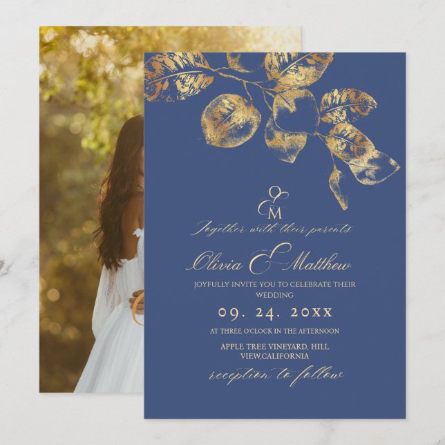 Elegante Sapphire Pantone Gold Wedding Einladung (Vorne/Hinten)