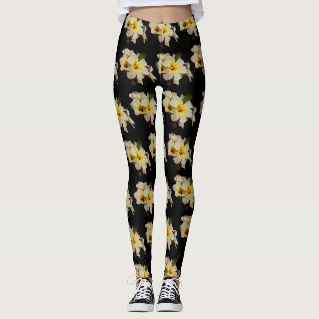 Elegante Satin-Blume auf Schwarz Leggings (Vorderseite)
