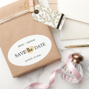 Elegante saubere Hochzeit goldenes Herz Save the D Ovaler Aufkleber