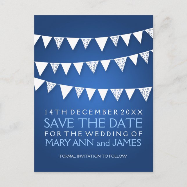 Elegante Save the Date Liebe Bunting Blue Ankündigungspostkarte (Vorderseite)