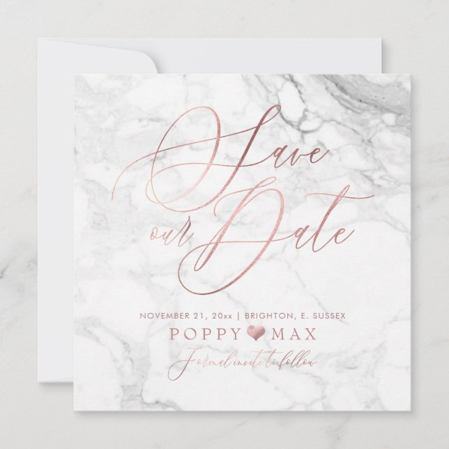 Elegante Save the Date Rose Goldkalligraphie-Marmo (Vorderseite)