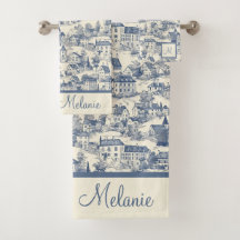 Elégante scène du village de Toile Bleue de Jouy