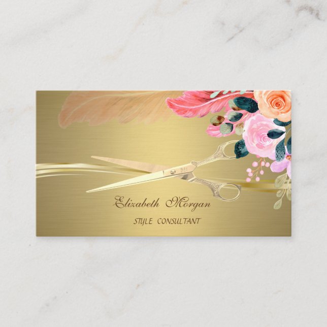 Elegante Scheren,Blume Feather Imitate Gold Visitenkarte (Vorderseite)
