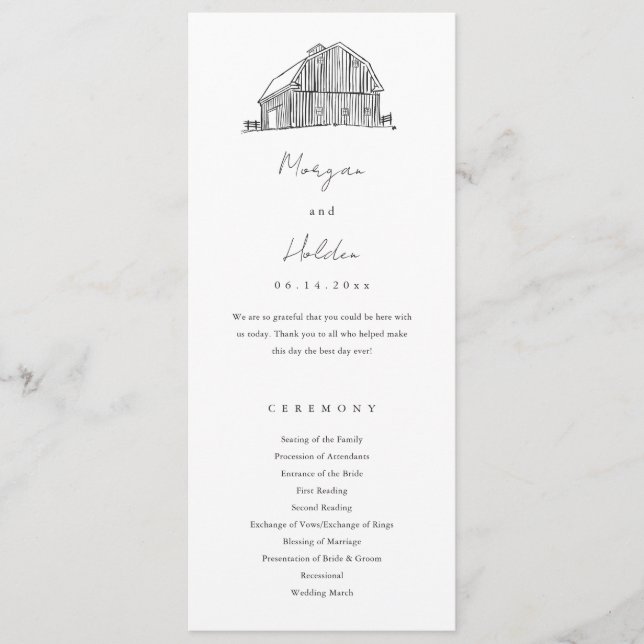 Elegante Scheune Schwarz-Weiß-Rustikale Hochzeit Programm (Vorderseite)