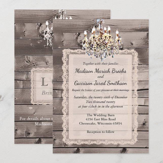 Elegante Scheunenhochzeit mit Spitze und Leuchter Einladung (Vorne/Hinten)