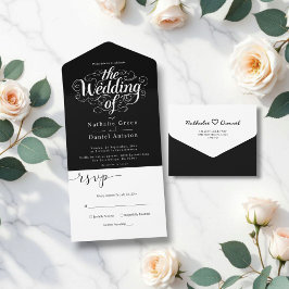 Elegante schick Schwarz-Weiß-Kalligrafie-Hochzeit All In One Einladung