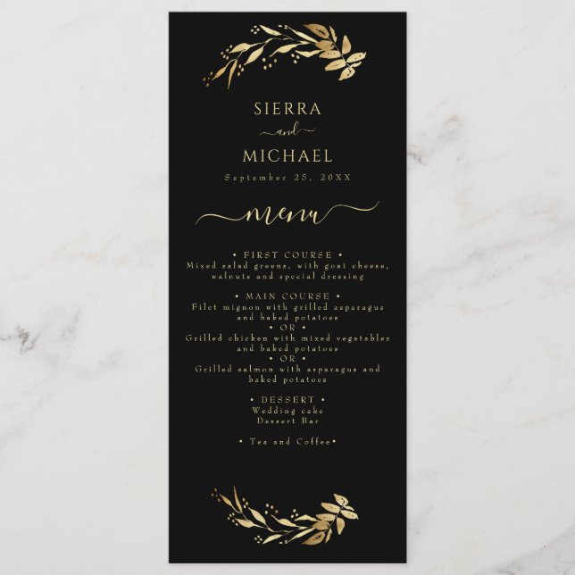 Elegante schicke Black Gold Foliage Hochzeitsempfe Menükarte (Vorderseite)