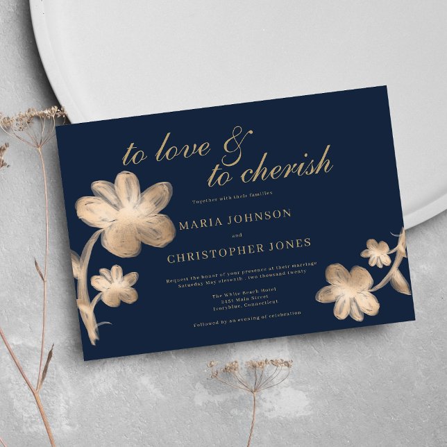 Elegante, schicke blaue goldene Hochzeit mit Blume Einladung (Elegant navy blue chic gold script floral Wedding )