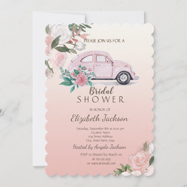 Elegante, schicke Blume Rosa Auto Brautparty Einladung (Vorderseite)