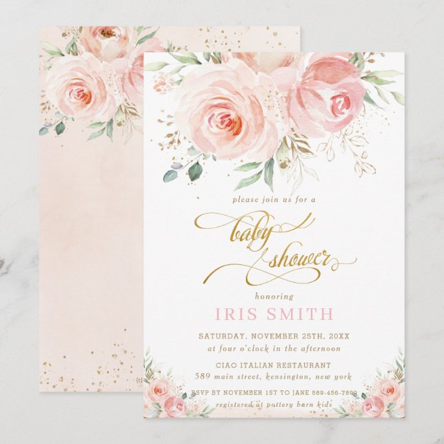 Elegante schicke Blush Pink Floral Gold Baby Dusch Einladung (Vorne/Hinten)