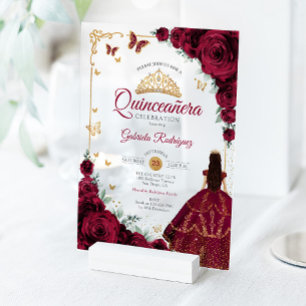 Elegante Schicke Burgunderrosen Goldene Quinceaner Acryleinladungen