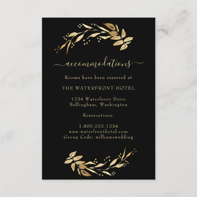 Elegante schicke Gold & Black Wedding Unterkünfte Begleitkarte (Vorderseite)