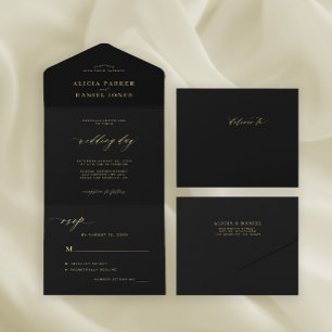 Elegante schicke Goldkalligraphie, schwarze Hochze All In One Einladung