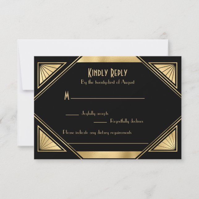 Elegante schicke Great Gatsby Art Deco RSVP Karte (Vorderseite)