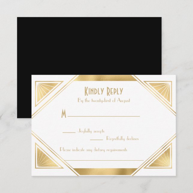 Elegante schicke Great Gatsby Art Deco RSVP Karte (Vorne/Hinten)