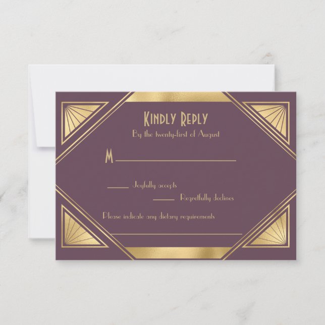 Elegante schicke Great Gatsby Art Deco RSVP Karte (Vorderseite)