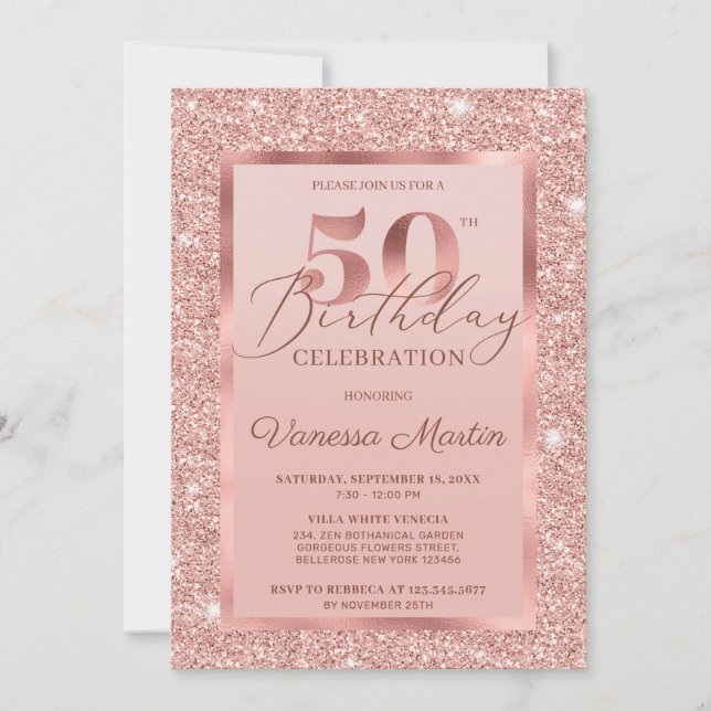 Elegante schicke Rose Gold Glitzer Folie 50. Gebur Einladung (Vorderseite)