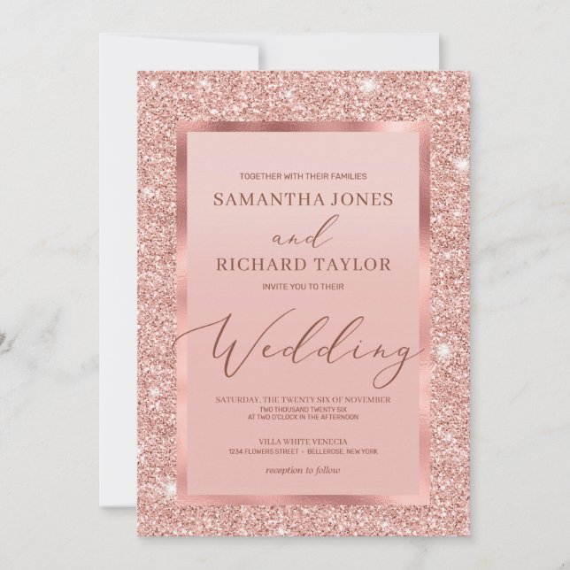 Elegante schicke Rose Gold Glitzer Folie Hochzeit Einladung (Vorderseite)