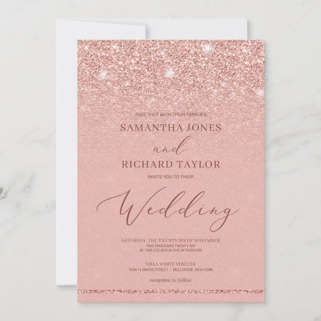 Elegante schicke Rose Gold Glitzer Glitzern Hochze Einladung (Vorderseite)