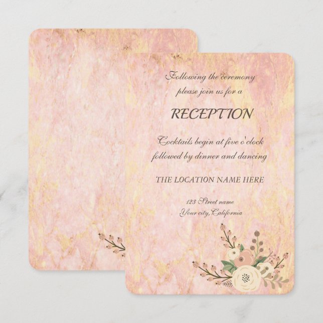 Elegante schicke Rose Marmorflora Hochzeitsempfang Einladung (Vorne/Hinten)