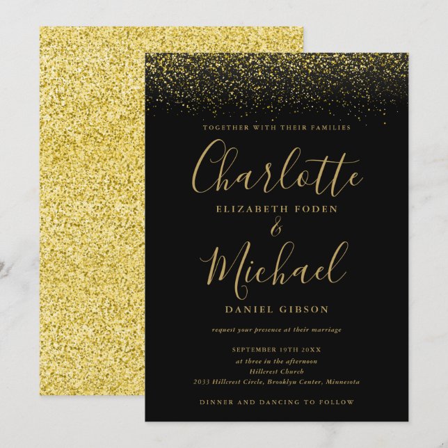 Elegante, schicke Schwarz-Gold-Glitzer-Script-Hoch Einladung (Vorne/Hinten)