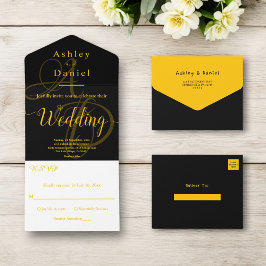 Elegante schicke Schwarz-Gold-Monogramm-Hochzeit All In One Einladung
