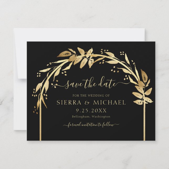 Elegante, schicke Schwarz Golden Foliage Save The Date (Vorderseite)