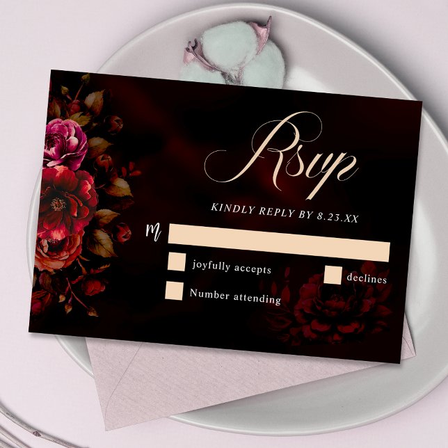 Elegante, schicke, schwarze Blumenhochzeit RSVP Karte (Von Creator hochgeladen)