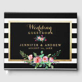 Elegante schicke Schwarze Streifen Hochzeit Gold Gästebuch