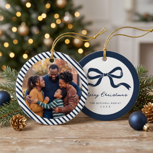 Elegante Schleifen-Familienfoto-Weihnachten - Navy Keramik Ornament