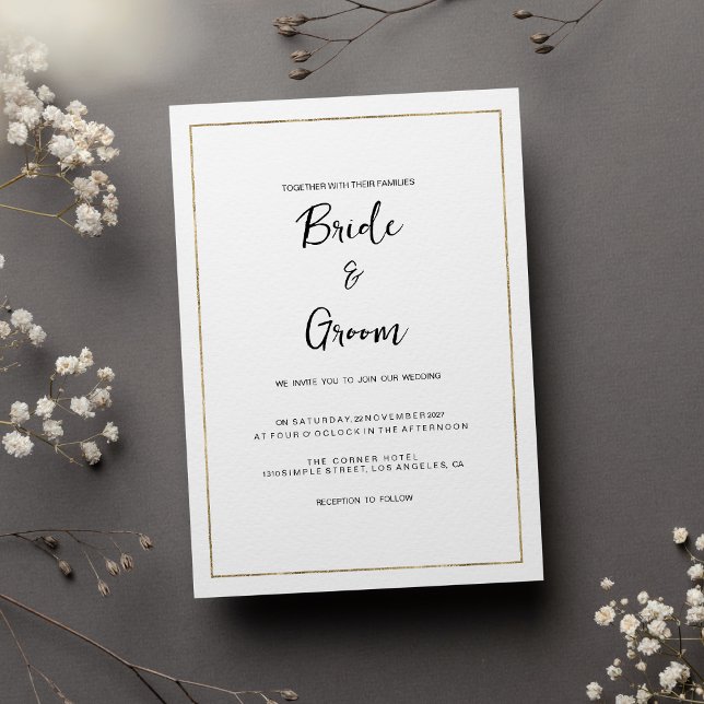 Elegante, schlichte, weiße, minimalistische Hochze Einladung (Elegant simple white gold minimalist Wedding)