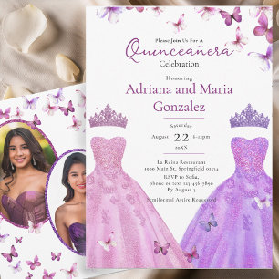 Elegante Schmetterlinge Kleid Zwilling Quinceanera Einladung