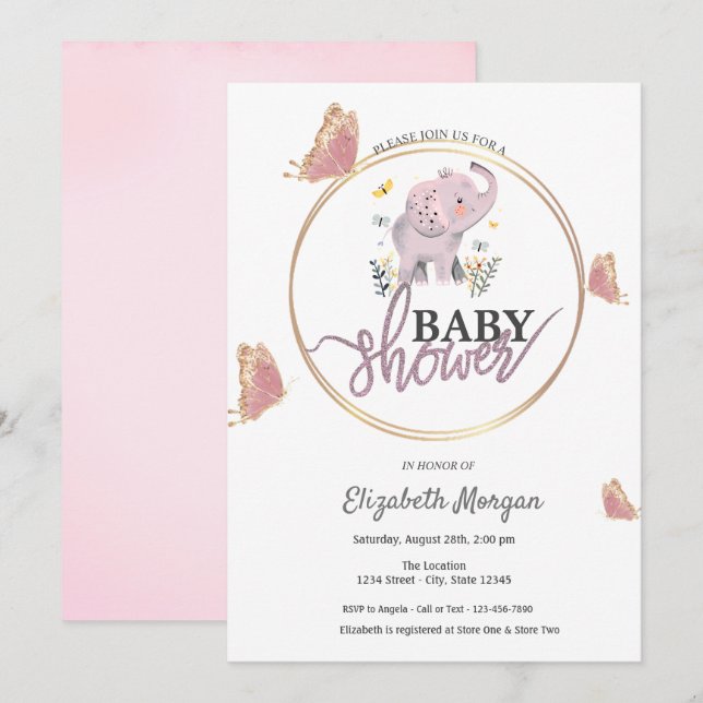 Elegante Schmetterlinge Rosa Elephant Baby Dusche Einladung (Vorne/Hinten)