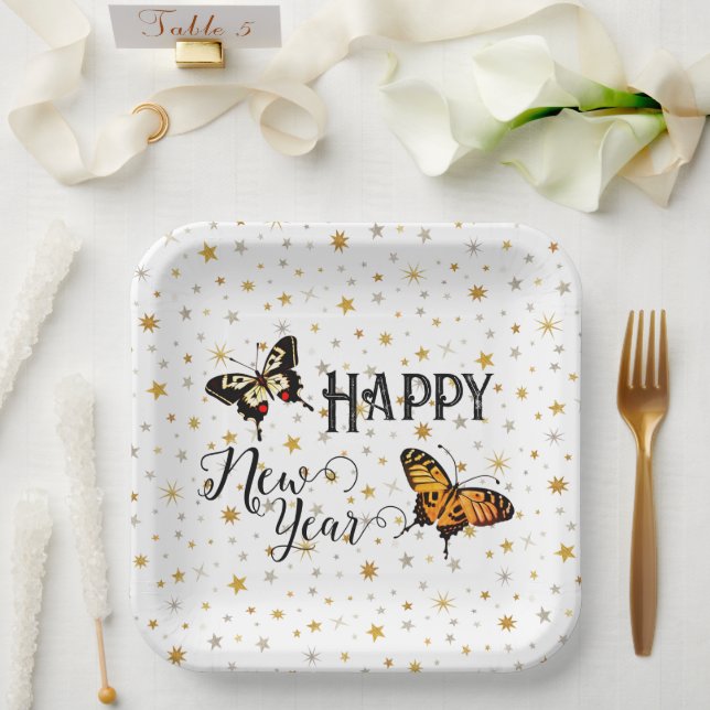 Elegante Schmetterlinge & Sterne Weißes Glück Neue Pappteller (Hochzeit)