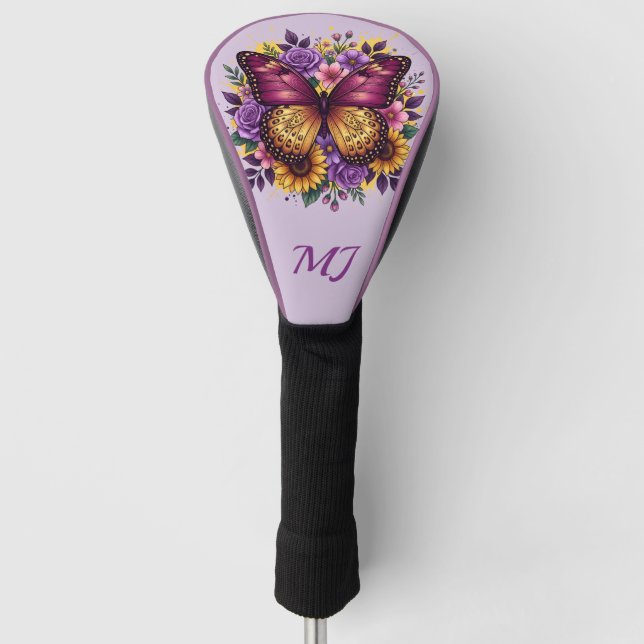 Elegante Schmetterlings-Blumen-Monogramm-Initialen Golf Headcover (Vorderseite)