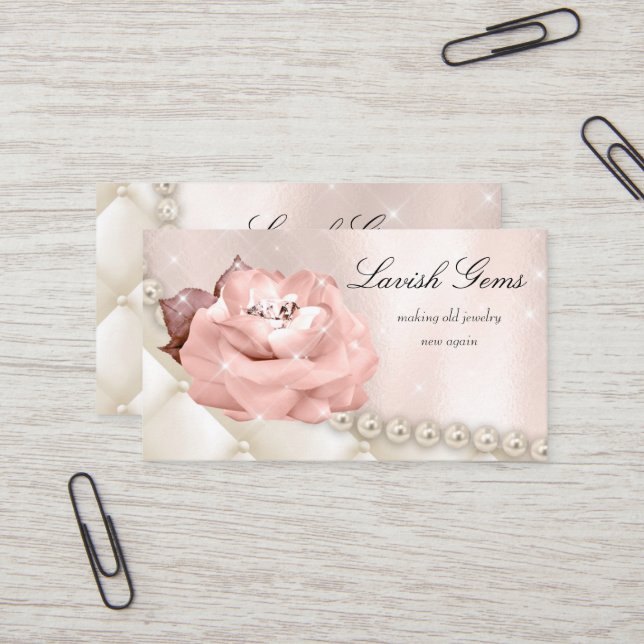Elegante Schmuck-Hochzeits-Planer-Rose hat Perlen Visitenkarte (Vorderseite/Rückseite Beispiel)
