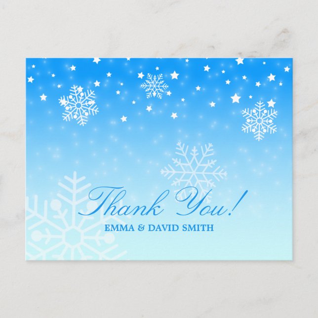 Elegante Schneeflocke-danken blaue Winter-Hochzeit Postkarte (Vorderseite)
