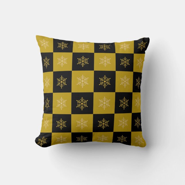 Elegante Schneeflocken auf Golden & Black Kissen (Vorderseite)