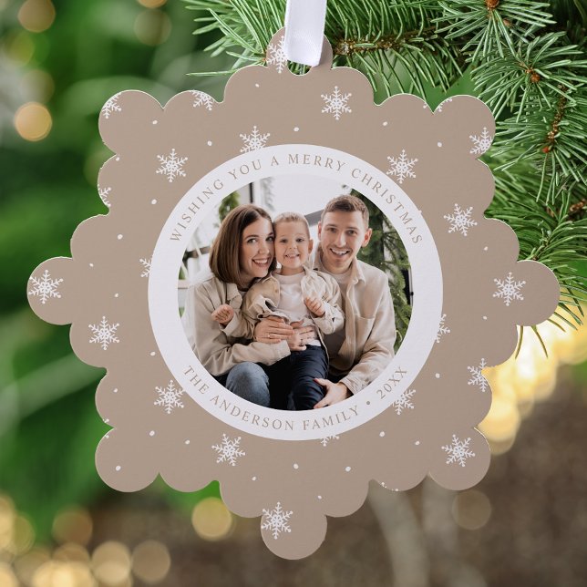 Elegante Schneeflocken Beige 2 Foto Urlaub Ornament Karte (Von Creator hochgeladen)