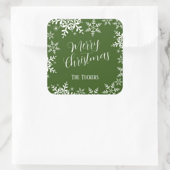 Elegante Schneeflocken Dark Green Frohe Weihnachts Quadratischer Aufkleber (Tasche)