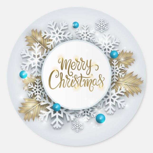Elegante Schneeflocken Frohe Weihnachten | Aufkleb Runder Aufkleber (Vorderseite)