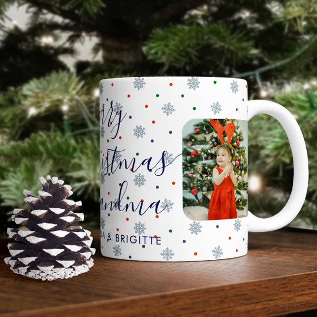 Elegante Schneeflocken Frohe Weihnachten Foto Kaffeetasse (Christmas photo mug with snowflakes and custom text)