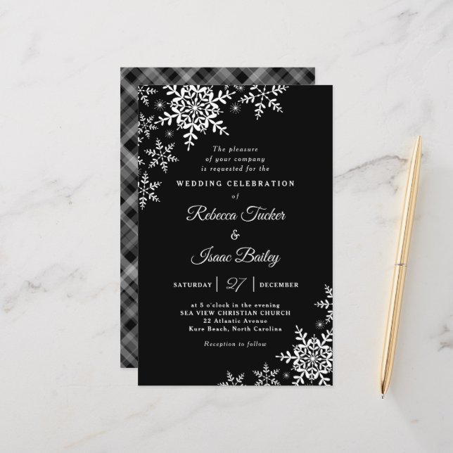 Elegante Schneeflocken Karierte Schwarze Hochzeit  (Vorderseite/Rückseite Beispiel)