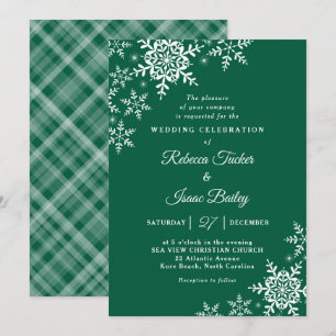 Elegante Schneeflocken Karo Jägergrüne Hochzeit Einladung