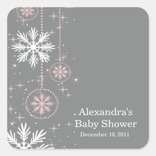 Elegante Schneeflocken Rosa & Gray Baby Duschplatz Quadratischer Aufkleber (Vorderseite)