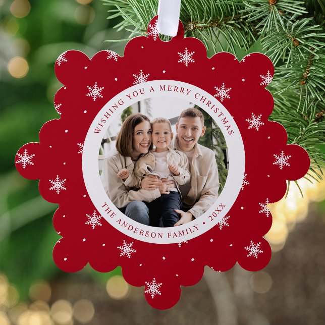 Elegante Schneeflocken Rot 2 Foto Urlaub Ornament Karte (Von Creator hochgeladen)