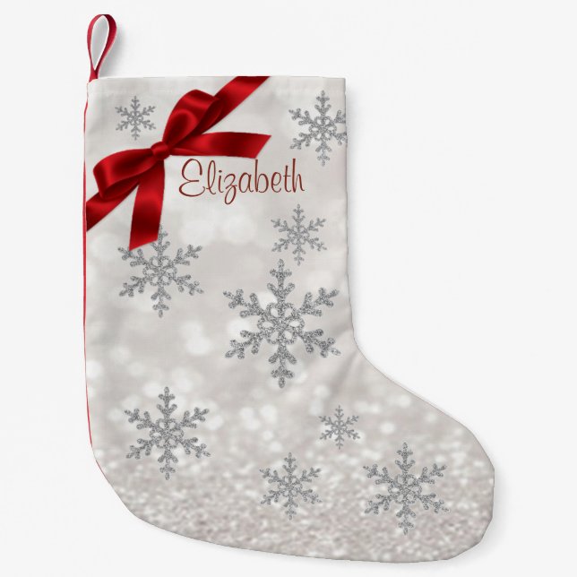 Elegante Schneeflocken, Roter Bow, Glitterie - Per Kleiner Weihnachtsstrumpf (Vorderseite)