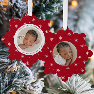 Elegante Schneeflocken Rotes Baby-Erstes-Christmas Ornament Karte