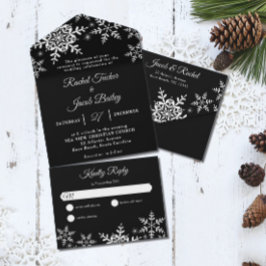 Elegante Schneeflocken Schwarz & Weiß Winterhochze All In One Einladung