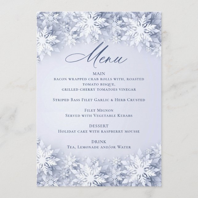 Elegante Schneeflocken Weihnachten Abendessen Part Menükarte (Vorderseite)